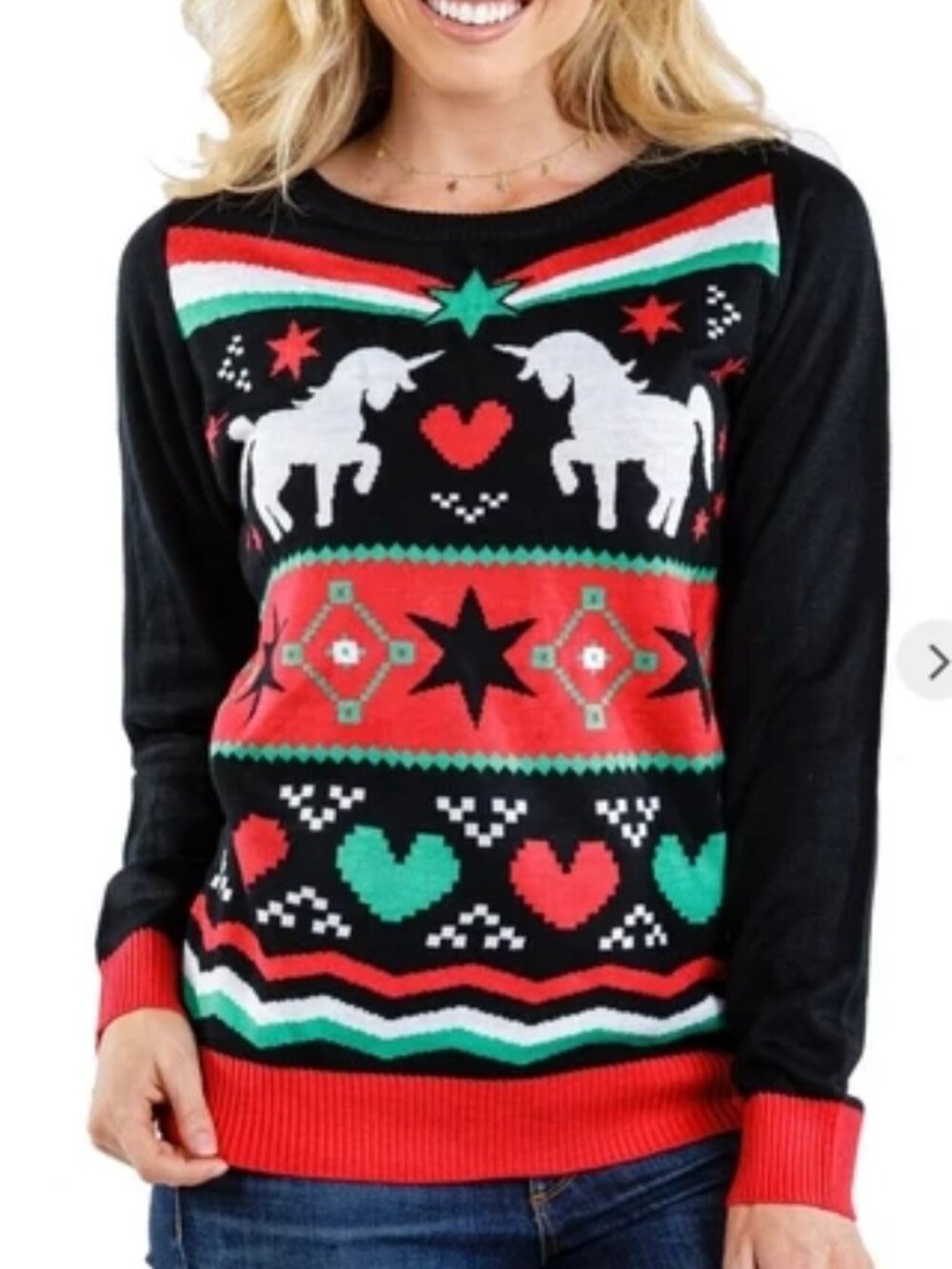 Tipsy Elves | Yuletide Dueling Unicorn Sweater with Hearts | Fair Isle Pattern
